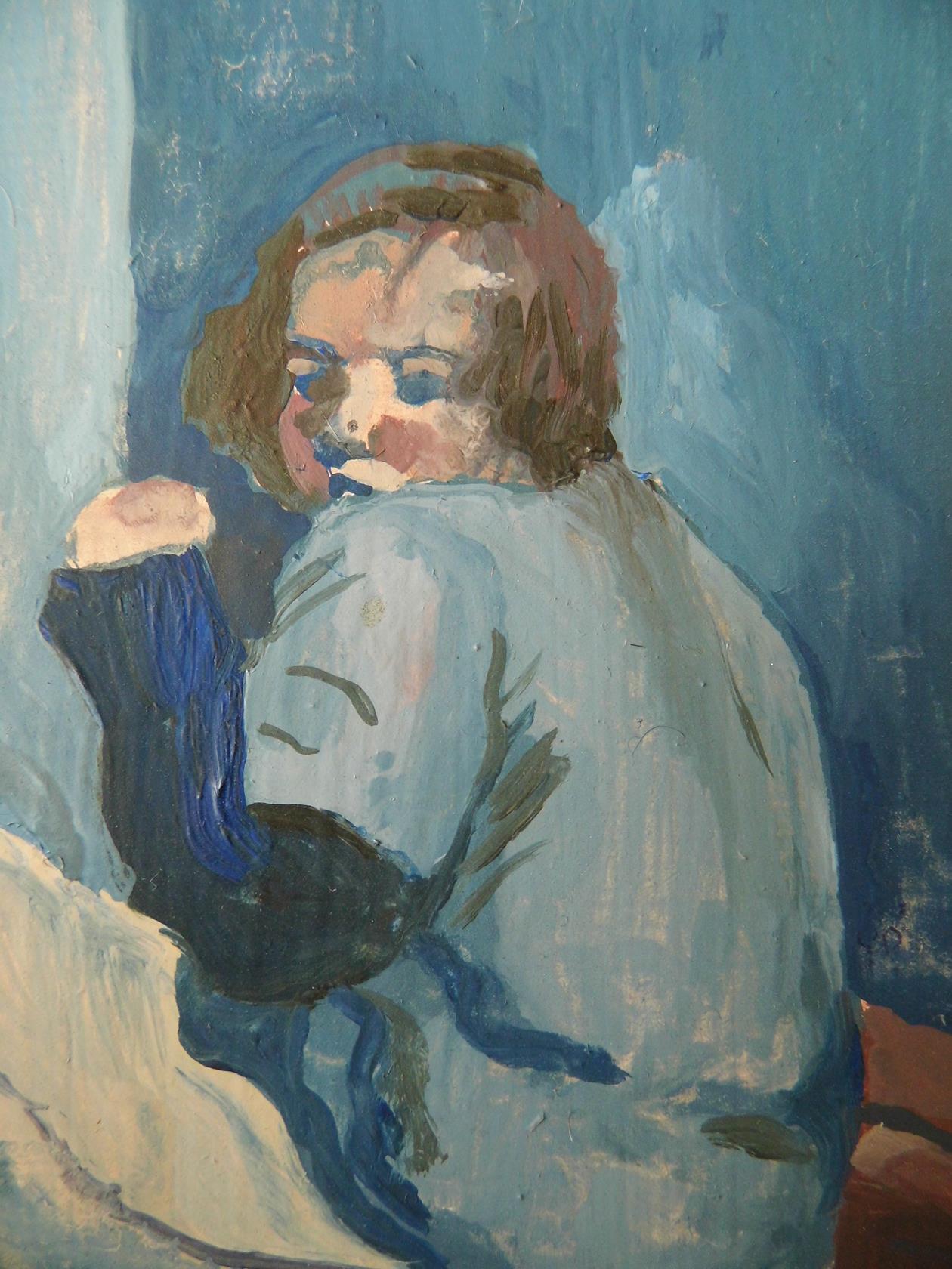 'Study - Curled in the Corner in Smokey Blue' Oil on Board 1995